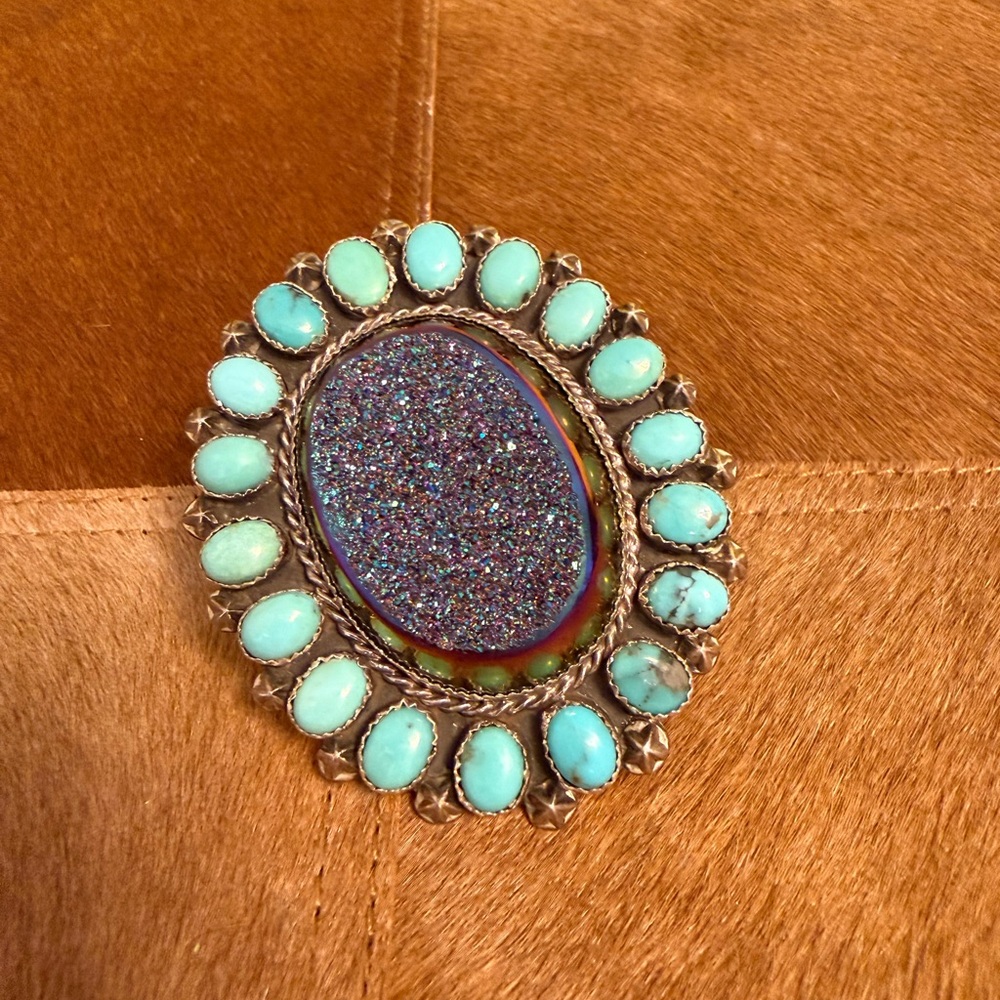 NWT Sterling Silver Druzy & Turquoise Handmade in USA Western Statement Size‎ 8
